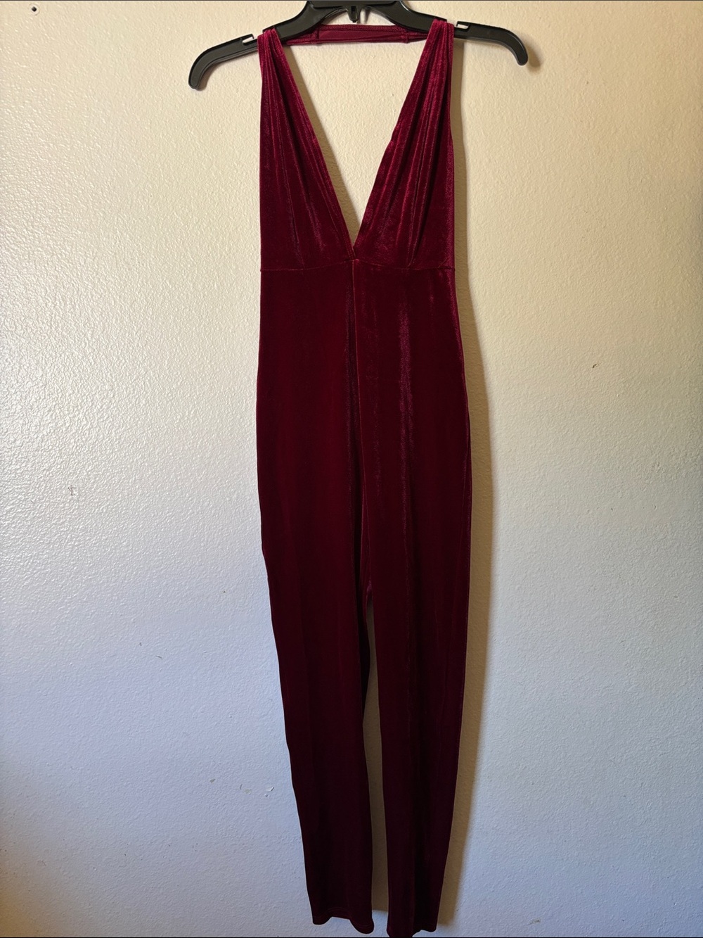 Burgundy Velvet Halter Jumpsuit Plunging Deep V-Neck Backless Evening Romper